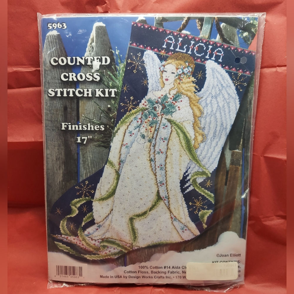 Holly Angel Cross Stitch Christmas Stocking kit Design Works Sealed Joan Elliott